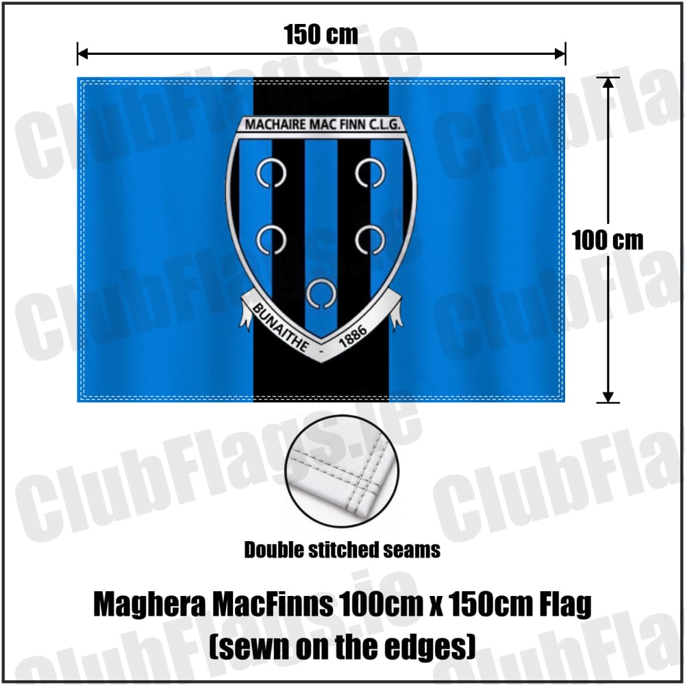 Maghera MacFinns 100cm x 150cm Flag (sewn on the edges) in blue and black, featuring the club crest on realistic fabric with gentle vertical folds; County Cavan GAA. ClubFlags.ie.