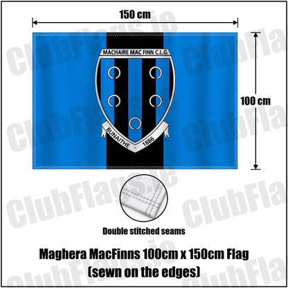 Maghera MacFinns 100cm x 150cm Flag (sewn on the edges) in blue and black, featuring the club crest on realistic fabric with gentle vertical folds; County Cavan GAA. ClubFlags.ie.