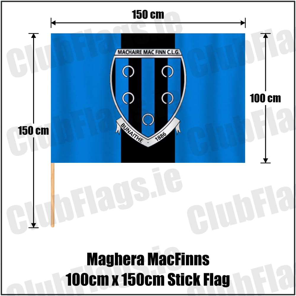 Maghera MacFinns 100cm x 150cm Stick Flag in blue and black, featuring the club crest on realistic fabric with gentle vertical folds; County Cavan GAA. ClubFlags.ie.