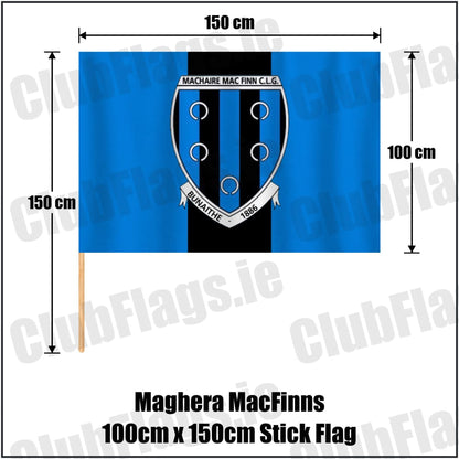 Maghera MacFinns 100cm x 150cm Stick Flag in blue and black, featuring the club crest on realistic fabric with gentle vertical folds; County Cavan GAA. ClubFlags.ie.