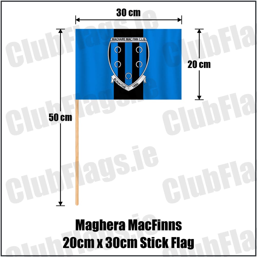 Maghera MacFinns 20cm x 30cm Stick Flag in blue and black, featuring the club crest on realistic fabric with gentle vertical folds; County Cavan GAA. ClubFlags.ie.