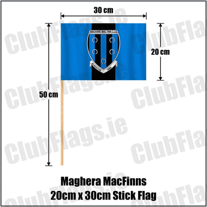 Maghera MacFinns 20cm x 30cm Stick Flag in blue and black, featuring the club crest on realistic fabric with gentle vertical folds; County Cavan GAA. ClubFlags.ie.