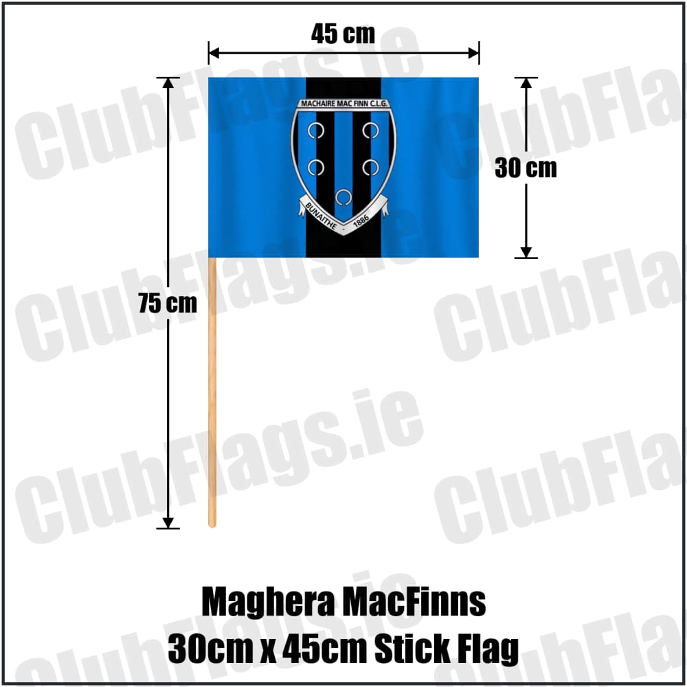 Maghera MacFinns 30cm x 45cm Stick Flag in blue and black, featuring the club crest on realistic fabric with gentle vertical folds; County Cavan GAA. ClubFlags.ie.