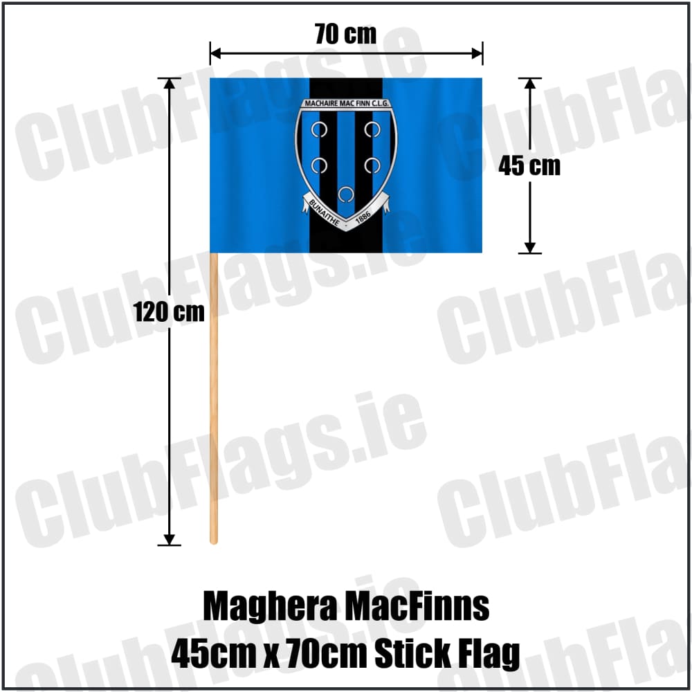Maghera MacFinns 45cm x 70cm Stick Flag in blue and black, featuring the club crest on realistic fabric with gentle vertical folds; County Cavan GAA. ClubFlags.ie.