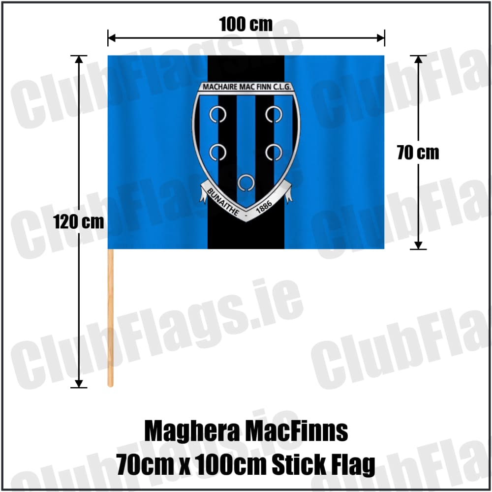 Maghera MacFinns 70cm x 100cm Stick Flag in blue and black, featuring the club crest on realistic fabric with gentle vertical folds; County Cavan GAA. ClubFlags.ie.