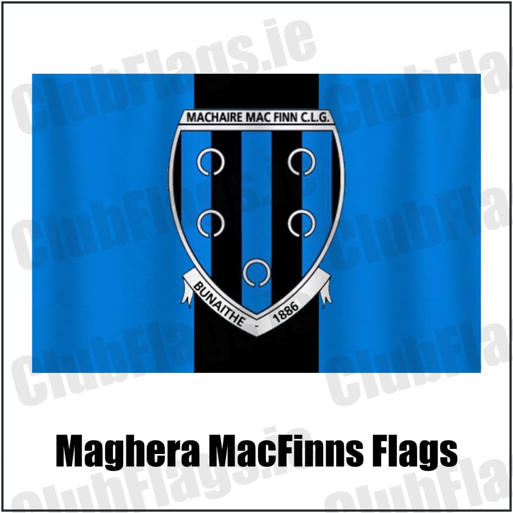 Maghera MacFinns Flags in blue and black, featuring the club crest on realistic fabric with gentle vertical folds; County Cavan GAA. ClubFlags.ie.