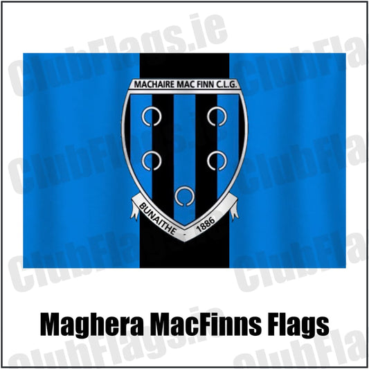 Maghera MacFinns Flags in blue and black, featuring the club crest on realistic fabric with gentle vertical folds; County Cavan GAA. ClubFlags.ie.
