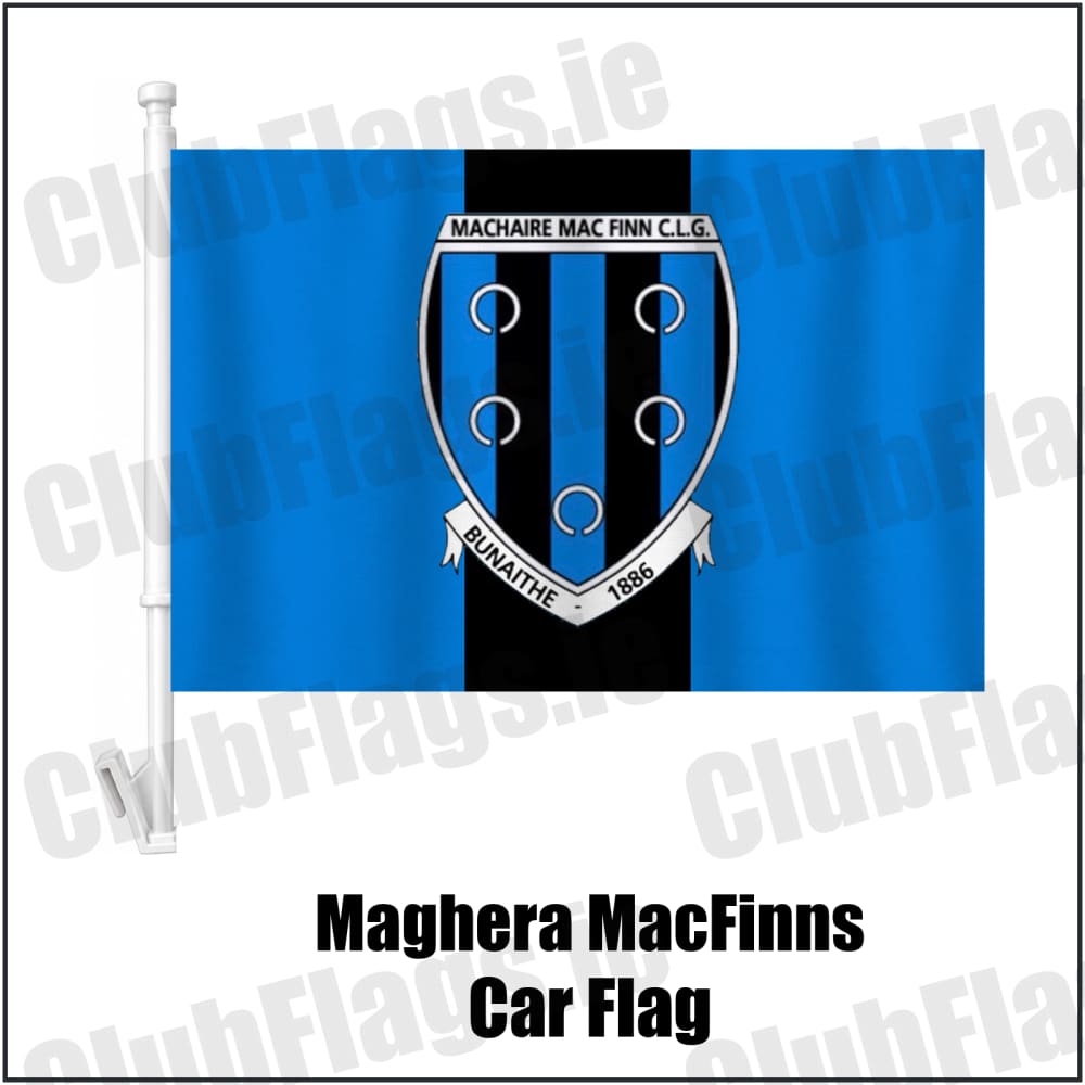 Maghera MacFinns Car Flag in blue and black, featuring the club crest on realistic fabric with gentle vertical folds; County Cavan GAA. ClubFlags.ie.