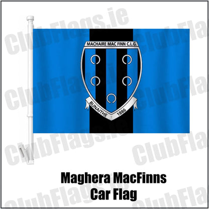 Maghera MacFinns Car Flag in blue and black, featuring the club crest on realistic fabric with gentle vertical folds; County Cavan GAA. ClubFlags.ie.