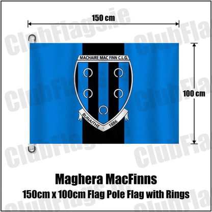 Maghera MacFinns 150cm x 100cm Flag Pole Flag with Rings in blue and black, featuring the club crest on realistic fabric with gentle vertical folds; County Cavan GAA. ClubFlags.ie.