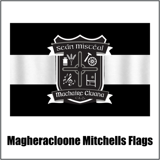 Magheracloone Mitchells Flags, featuring the club crest and black and white colours; County Monaghan GAA. ClubFlags.ie.
