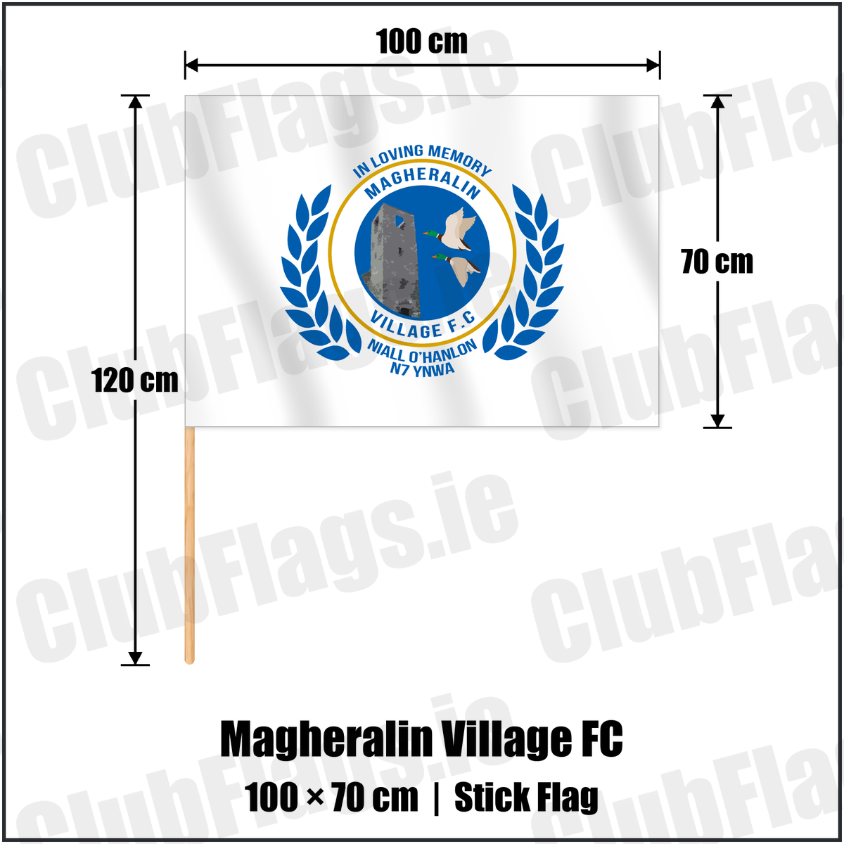 Magheralin Village FC 70cm x 100cm Stick Flag with the club crest and colours, Down Football - ClubFlags.ie