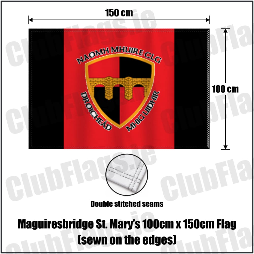 Maguiresbridge St. Mary’s 100cm x 150cm Flag (sewn on the edges) in red and black, featuring the club crest on realistic fabric with gentle vertical folds; County Fermanagh GAA. ClubFlags.ie.