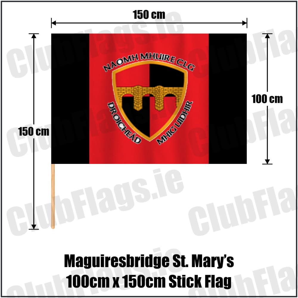 Maguiresbridge St. Mary’s 100cm x 150cm Stick Flag in red and black, featuring the club crest on realistic fabric with gentle vertical folds; County Fermanagh GAA. ClubFlags.ie.