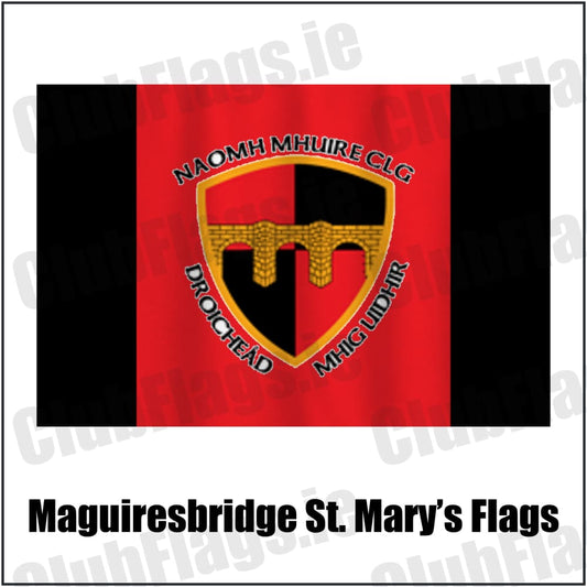 Maguiresbridge St. Mary’s Flags in red and black, featuring the club crest on realistic fabric with gentle vertical folds; County Fermanagh GAA. ClubFlags.ie.