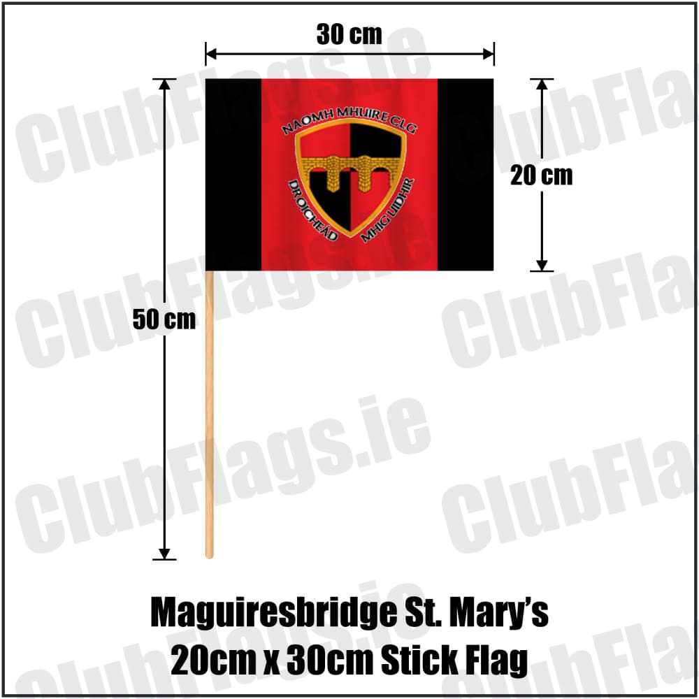 Maguiresbridge St. Mary’s 20cm x 30cm Stick Flag in red and black, featuring the club crest on realistic fabric with gentle vertical folds; County Fermanagh GAA. ClubFlags.ie.