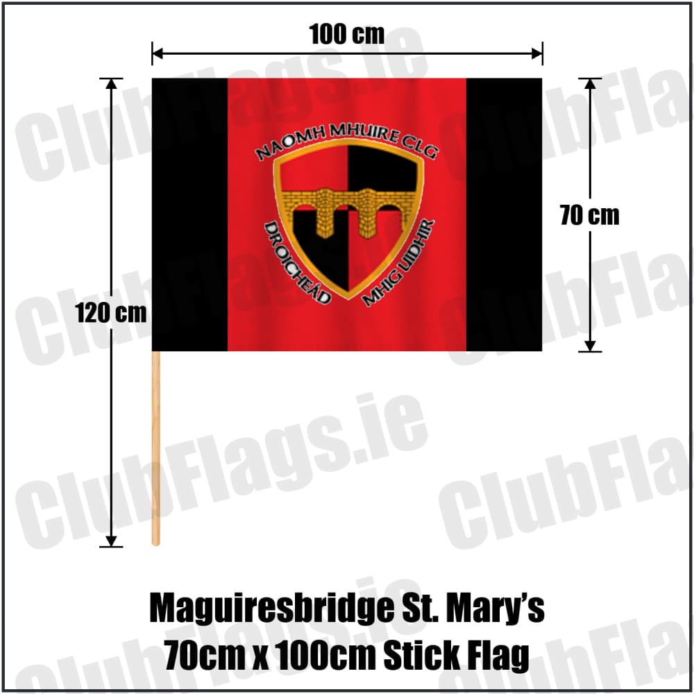 Maguiresbridge St. Mary’s 70cm x 100cm Stick Flag in red and black, featuring the club crest on realistic fabric with gentle vertical folds; County Fermanagh GAA. ClubFlags.ie.