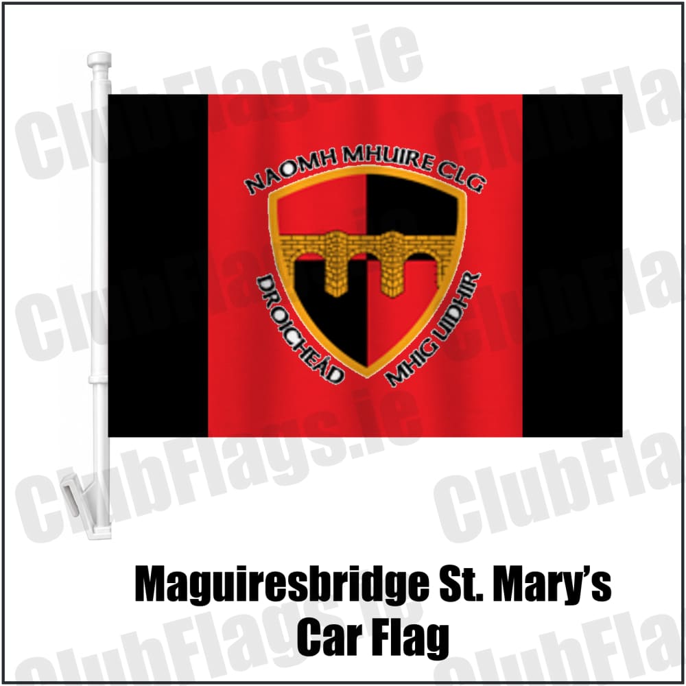Maguiresbridge St. Mary’s Car Flag in red and black, featuring the club crest on realistic fabric with gentle vertical folds; County Fermanagh GAA. ClubFlags.ie.