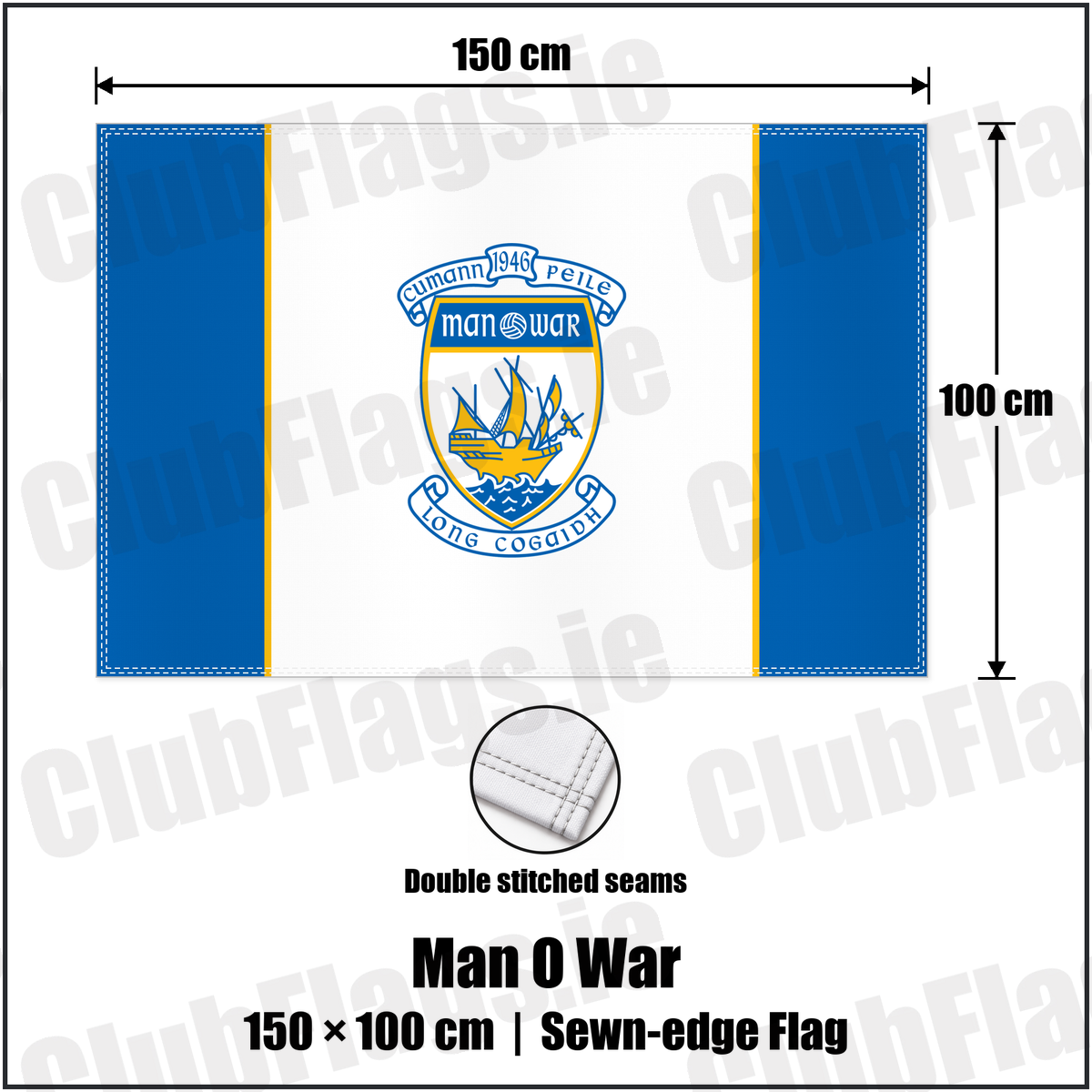 Man O War 100cm x 150cm Flag (sewn on the edges) with the club crest and colours, Dublin GAA - ClubFlags.ie