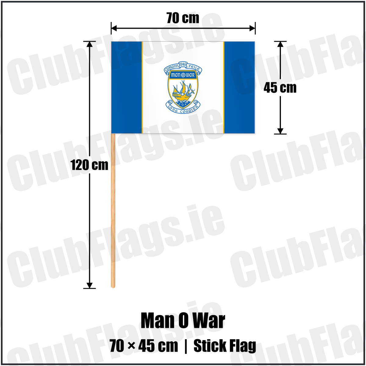 Man O War 45cm x 70cm Stick Flag with the club crest and colours, Dublin GAA - ClubFlags.ie