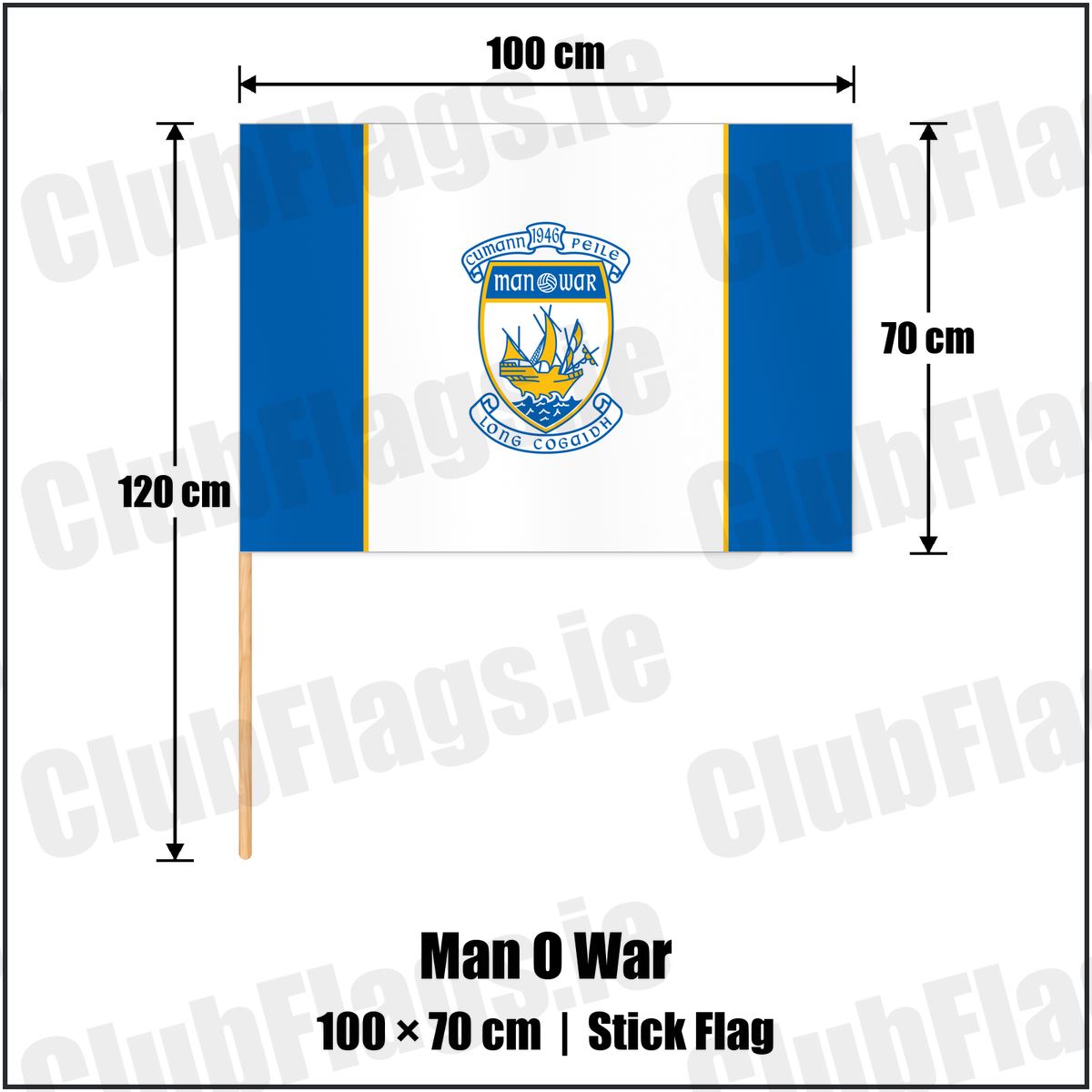 Man O War 70cm x 100cm Stick Flag with the club crest and colours, Dublin GAA - ClubFlags.ie