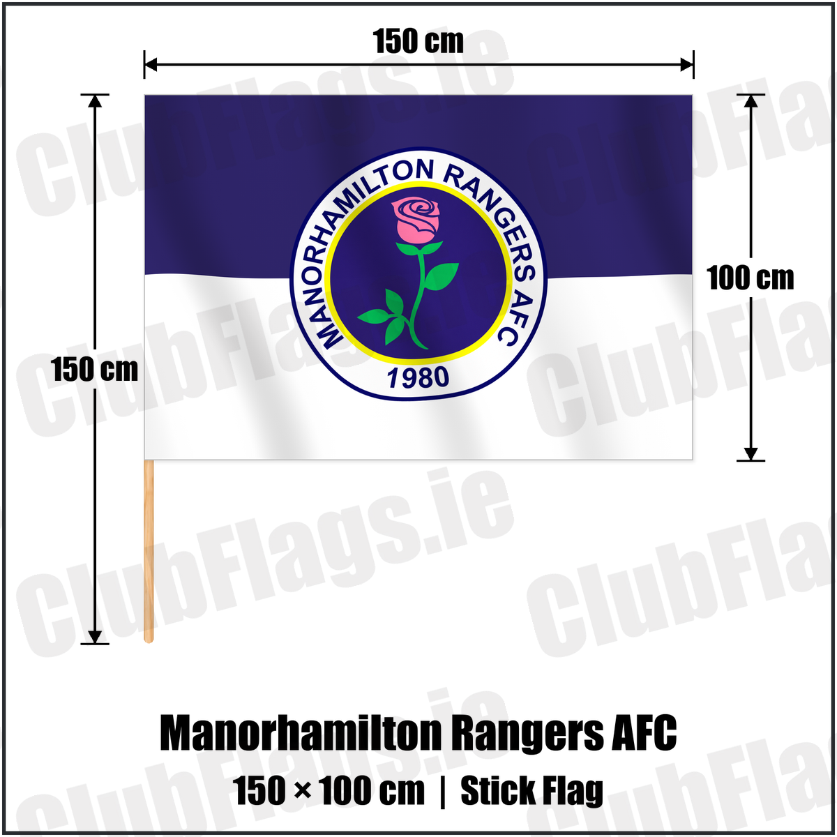 Manorhamilton Rangers AFC 100cm x 150cm Stick Flag with the verified club crest and colours, Leitrim Football - ClubFlags.ie