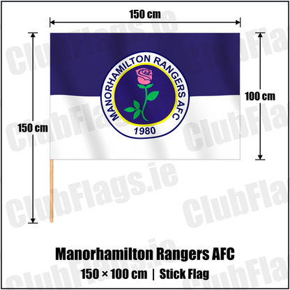 Manorhamilton Rangers AFC 100cm x 150cm Stick Flag with the verified club crest and colours, Leitrim Football - ClubFlags.ie