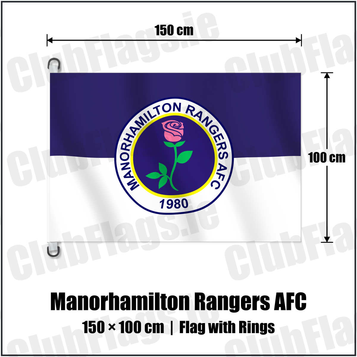 Manorhamilton Rangers AFC 150cm x 100cm Flag Pole Flag with Rings with the verified club crest and colours, Leitrim Football - ClubFlags.ie