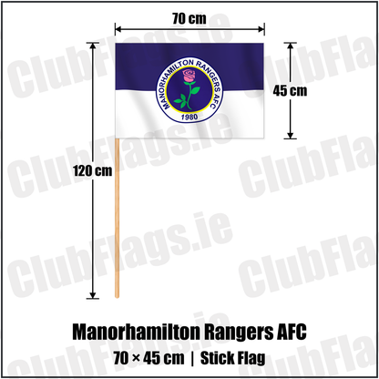 Manorhamilton Rangers AFC 45cm x 70cm Stick Flag with the verified club crest and colours, Leitrim Football - ClubFlags.ie