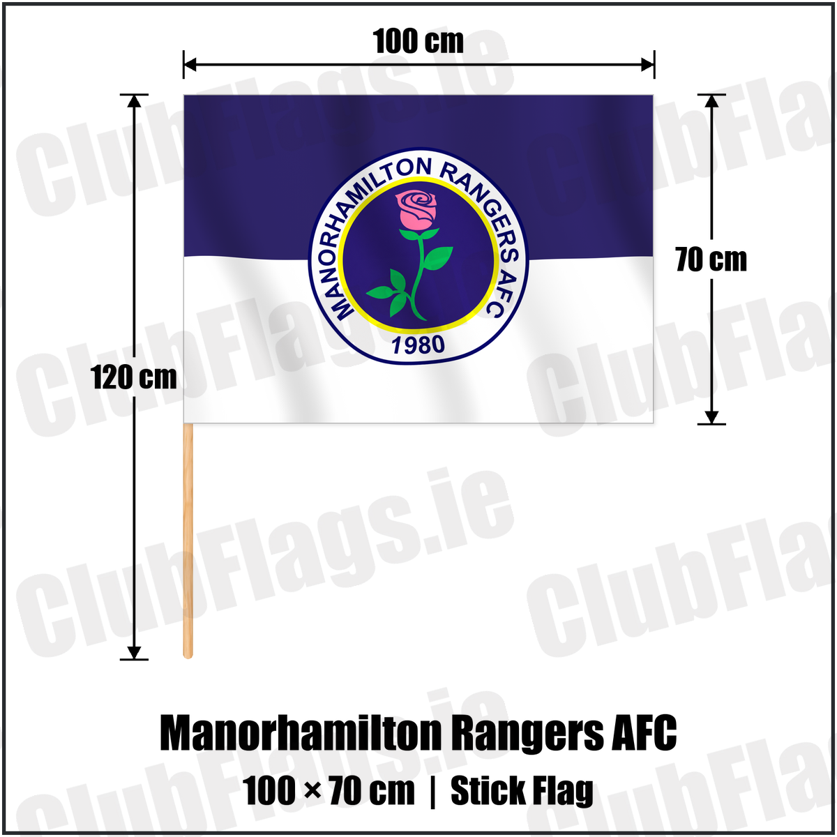 Manorhamilton Rangers AFC 70cm x 100cm Stick Flag with the verified club crest and colours, Leitrim Football - ClubFlags.ie
