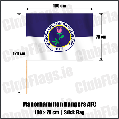 Manorhamilton Rangers AFC 70cm x 100cm Stick Flag with the verified club crest and colours, Leitrim Football - ClubFlags.ie