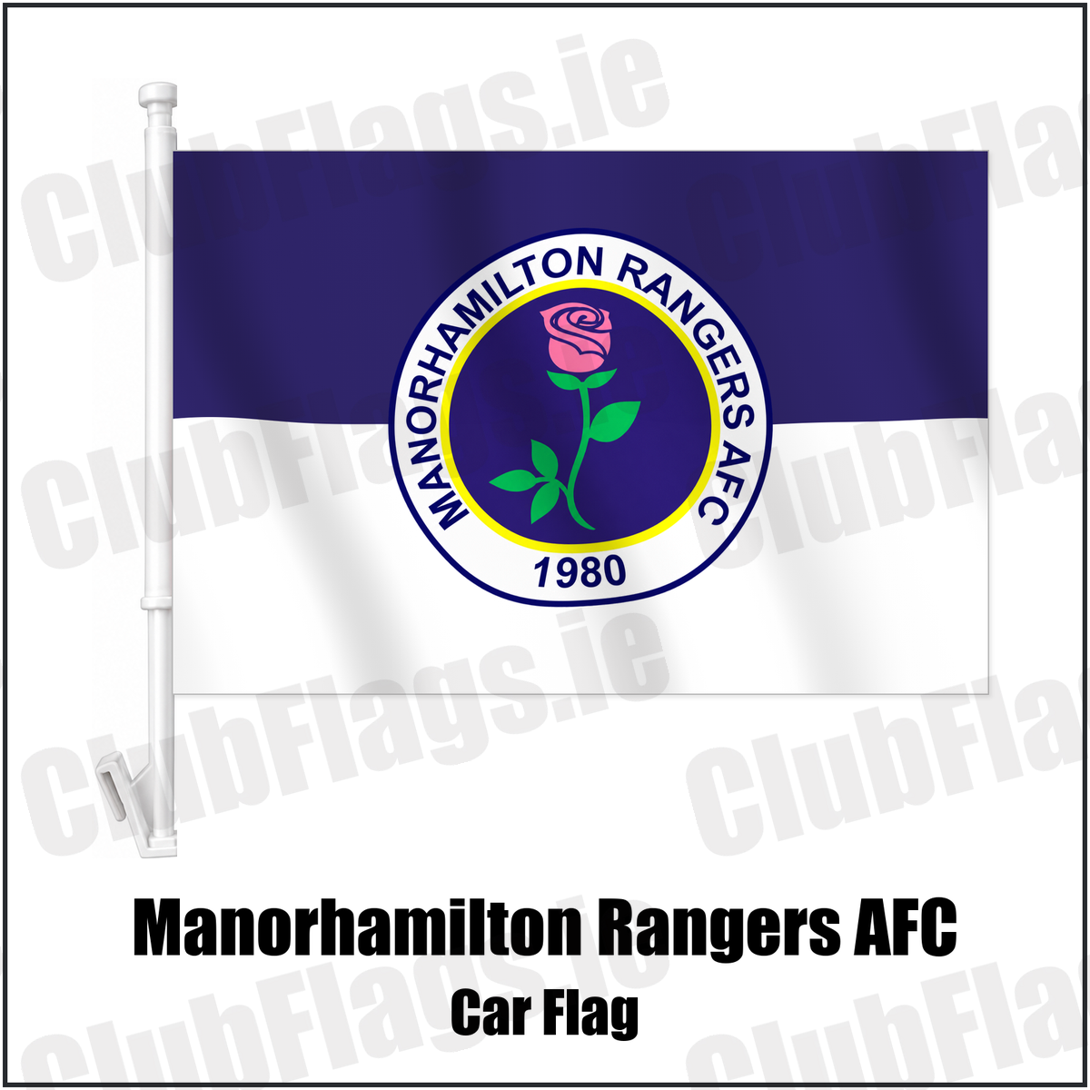 Manorhamilton Rangers AFC Car Flag with the verified club crest and colours, Leitrim Football - ClubFlags.ie