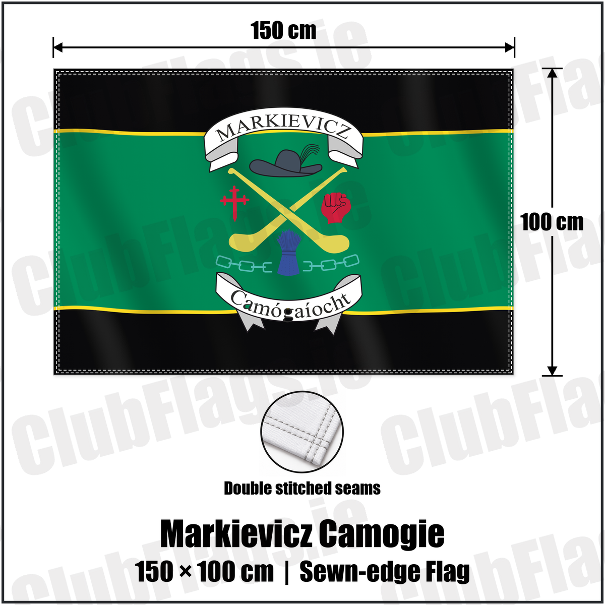 Markievicz Camogie 100cm x 150cm Flag (sewn on the edges) with the club crest and colours, Donegal GAA - ClubFlags.ie