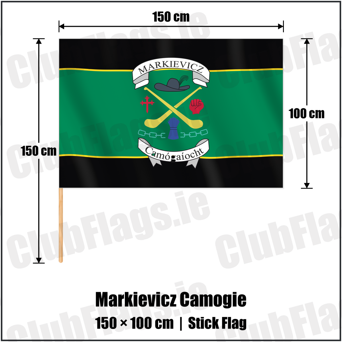 Markievicz Camogie 100cm x 150cm Stick Flag with the club crest and colours, Donegal GAA - ClubFlags.ie