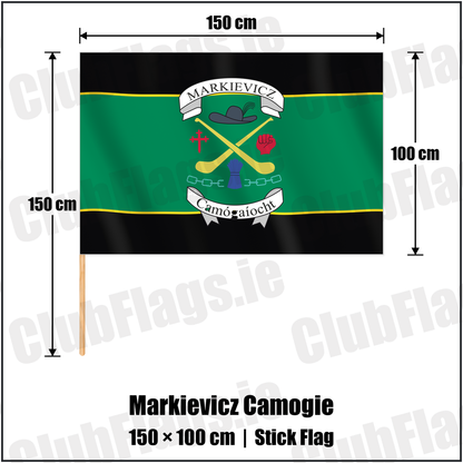 Markievicz Camogie 100cm x 150cm Stick Flag with the club crest and colours, Donegal GAA - ClubFlags.ie