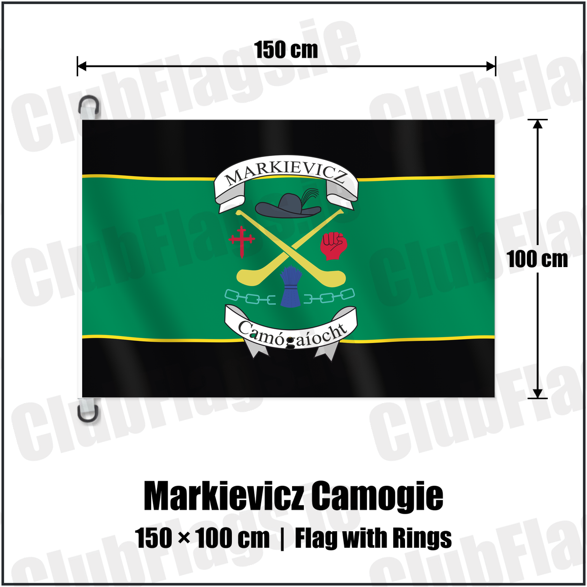 Markievicz Camogie 150cm x 100cm Flag Pole Flag with Rings with the club crest and colours, Donegal GAA - ClubFlags.ie