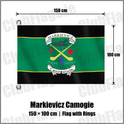 Markievicz Camogie 150cm x 100cm Flag Pole Flag with Rings with the club crest and colours, Donegal GAA - ClubFlags.ie