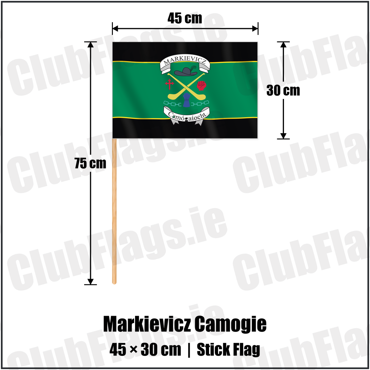 Markievicz Camogie 30cm x 45cm Stick Flag with the club crest and colours, Donegal GAA - ClubFlags.ie