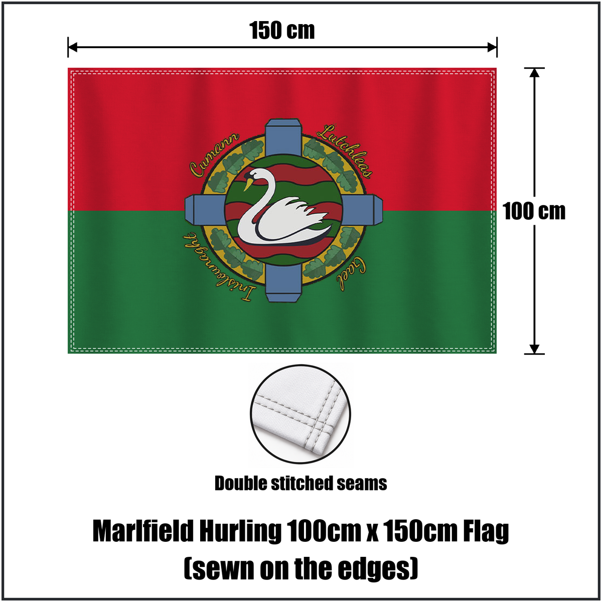 Marlfield Hurling 100cm x 150cm Flag (sewn on the edges), featuring the club crest and red and green colours; County Tipperary GAA. ClubFlags.ie.