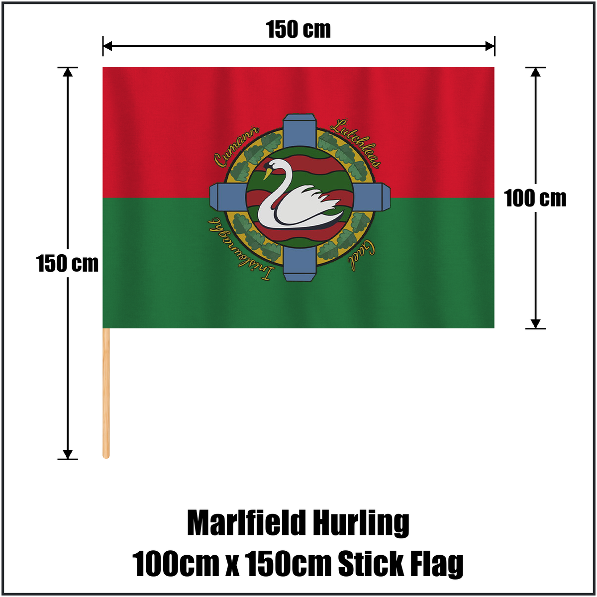 Marlfield Hurling 100cm x 150cm Stick Flag, featuring the club crest and red and green colours; County Tipperary GAA. ClubFlags.ie.