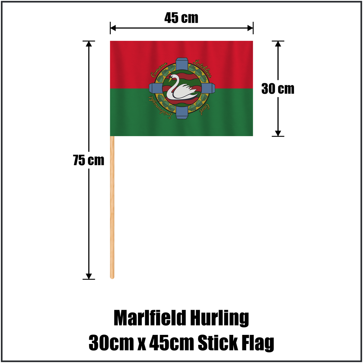 Marlfield Hurling 30cm x 45cm Stick Flag, featuring the club crest and red and green colours; County Tipperary GAA. ClubFlags.ie.