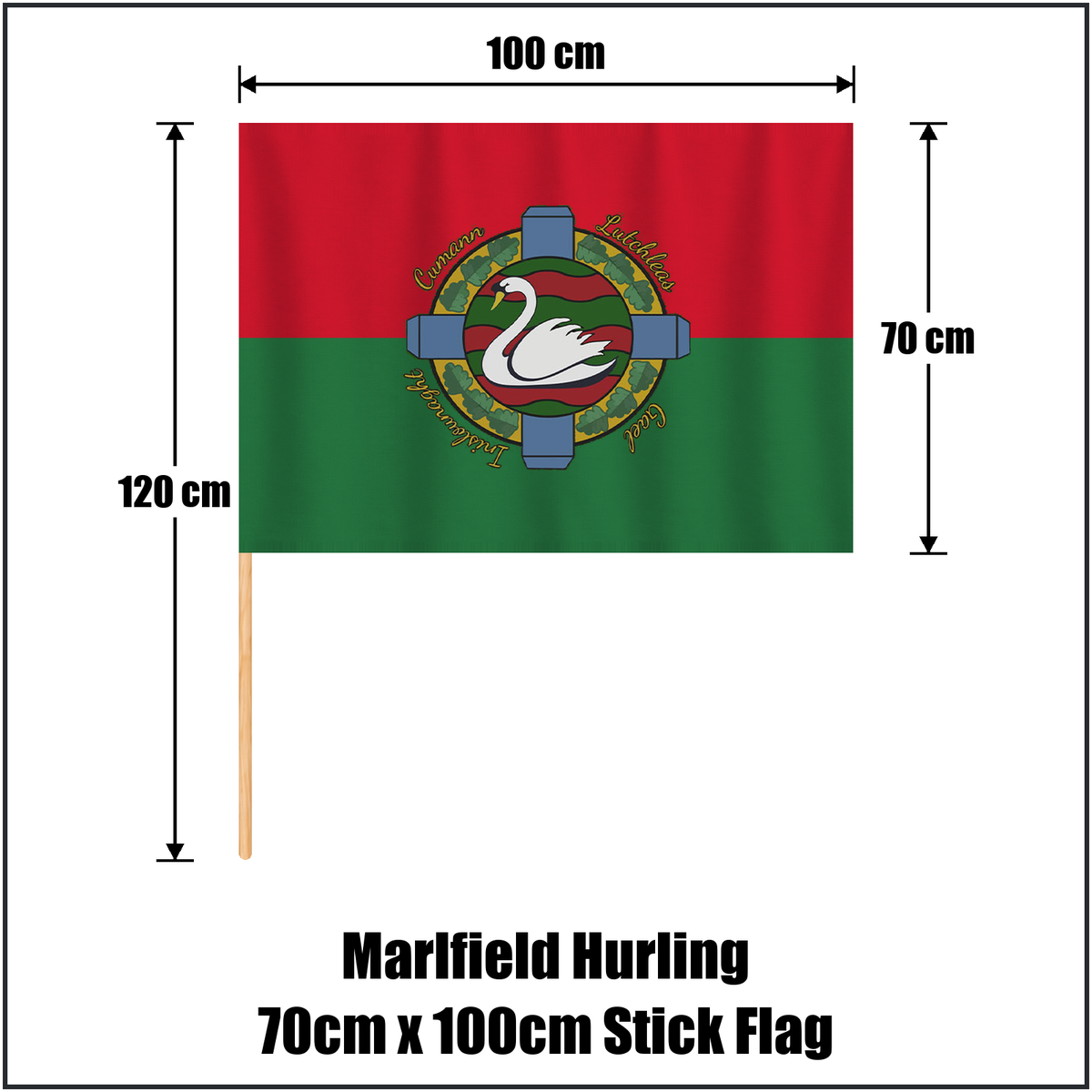 Marlfield Hurling 70cm x 100cm Stick Flag, featuring the club crest and red and green colours; County Tipperary GAA. ClubFlags.ie.