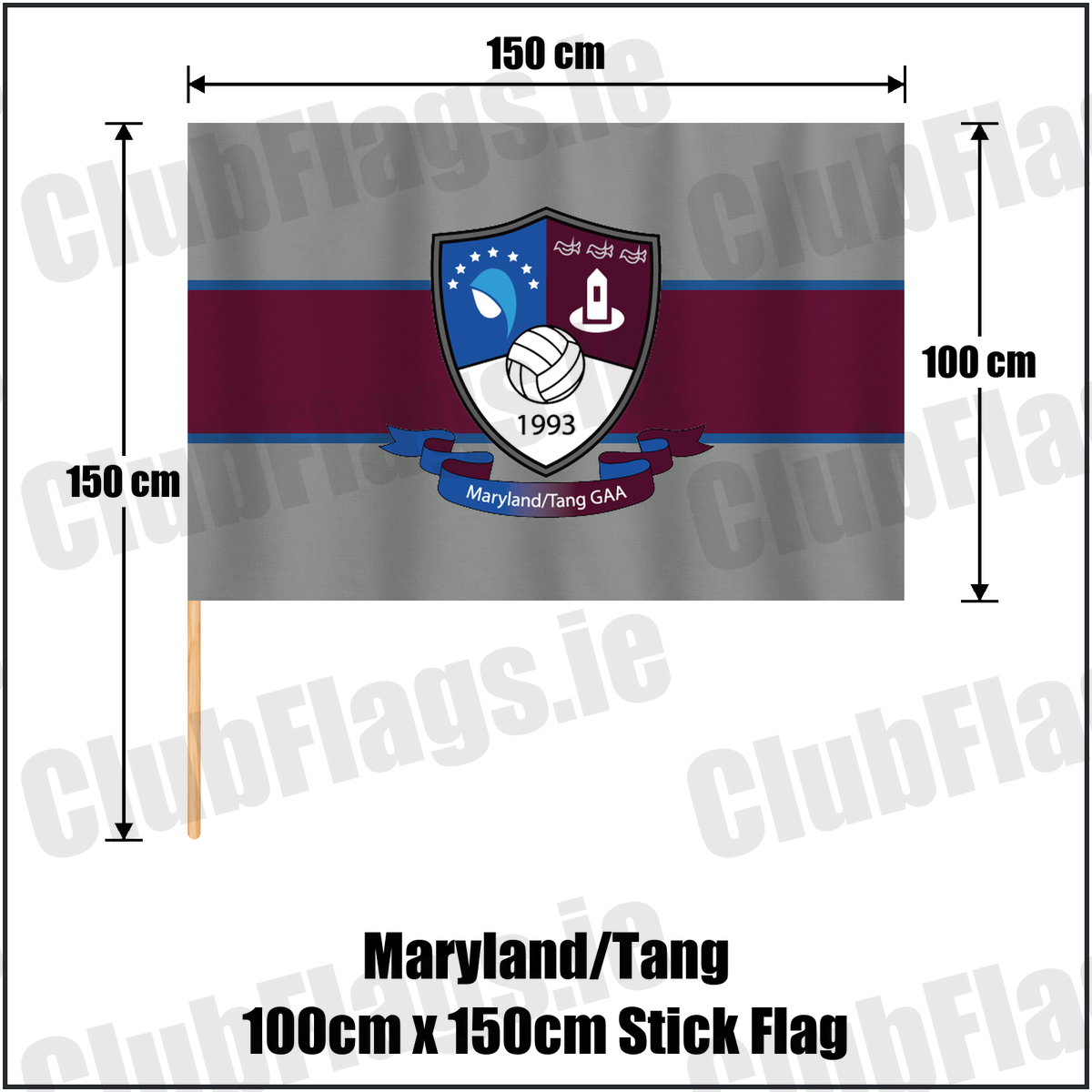 Maryland/Tang 100cm x 150cm Stick Flag, featuring the club crest and grey and maroon and blue colours; County Westmeath GAA. ClubFlags.ie.