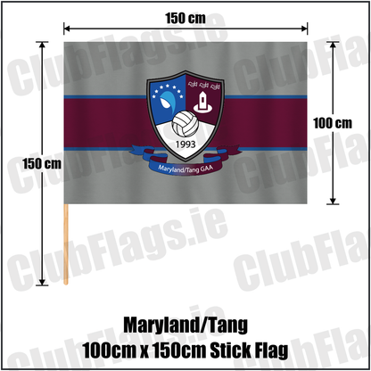 Maryland/Tang 100cm x 150cm Stick Flag, featuring the club crest and grey and maroon and blue colours; County Westmeath GAA. ClubFlags.ie.