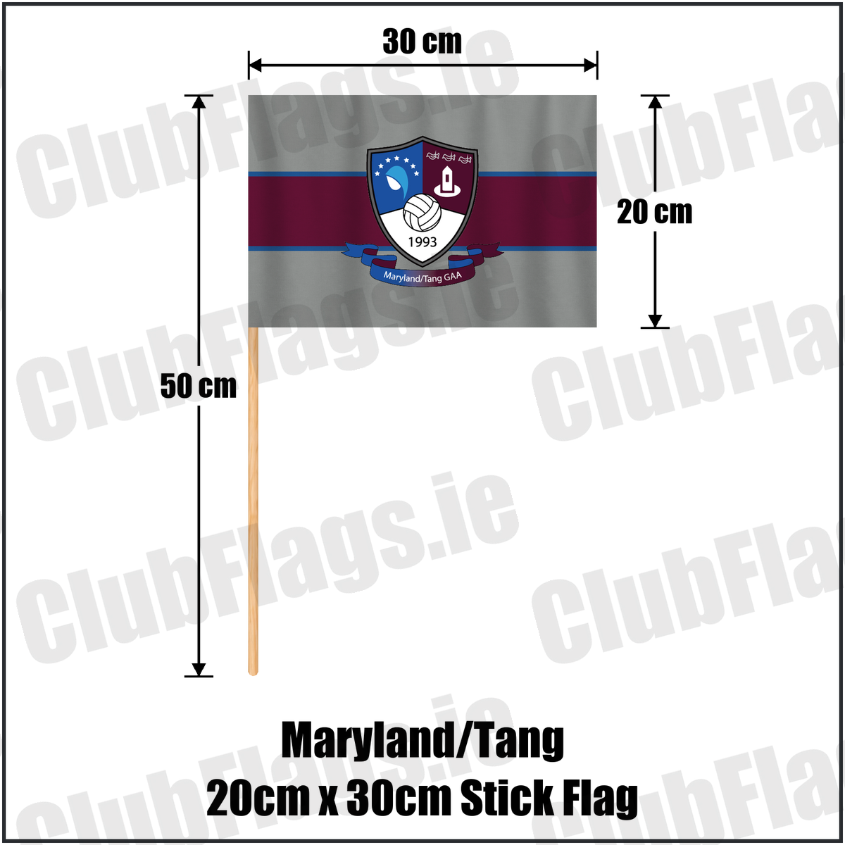Maryland/Tang 20cm x 30cm Stick Flag, featuring the club crest and grey and maroon and blue colours; County Westmeath GAA. ClubFlags.ie.