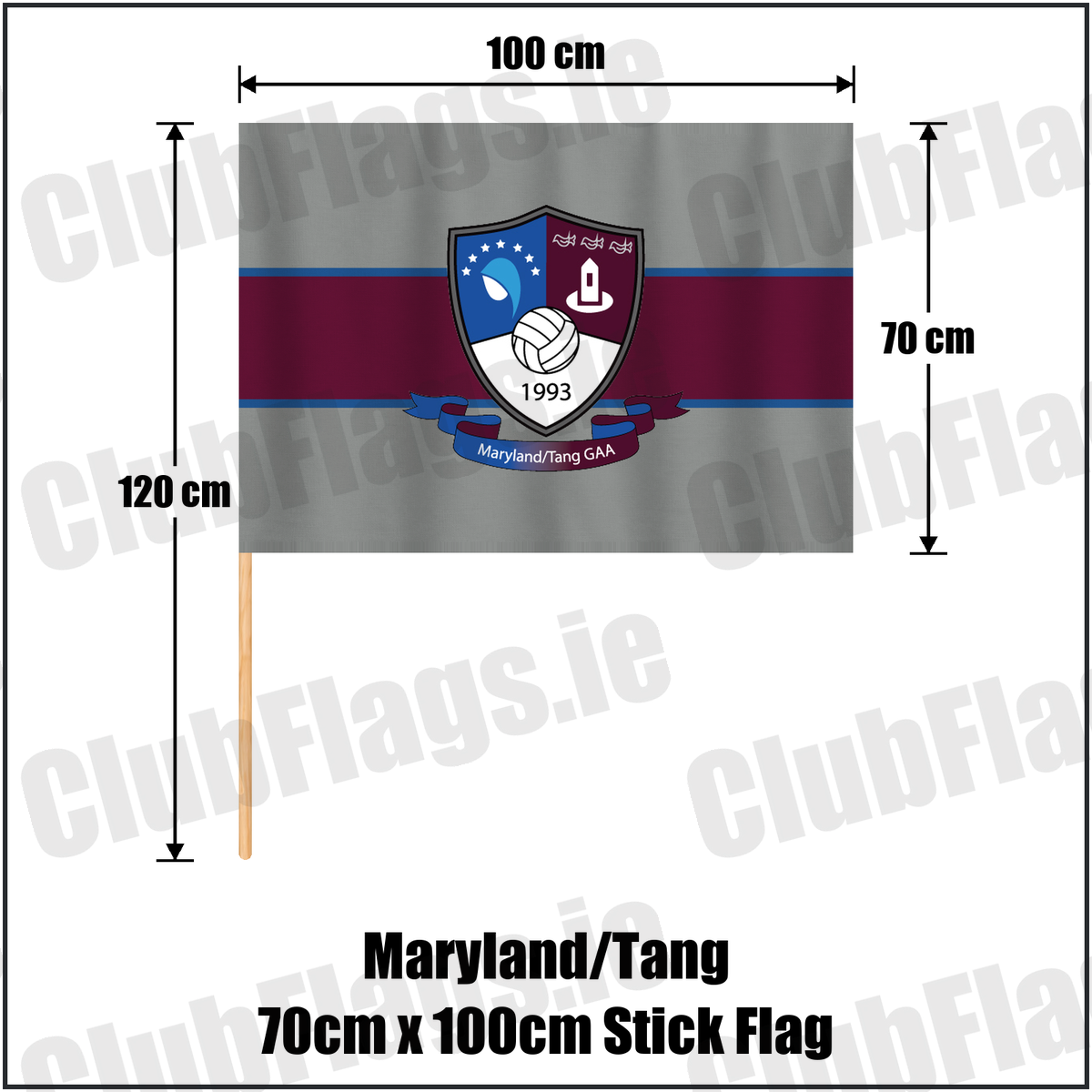 Maryland/Tang 70cm x 100cm Stick Flag, featuring the club crest and grey and maroon and blue colours; County Westmeath GAA. ClubFlags.ie.