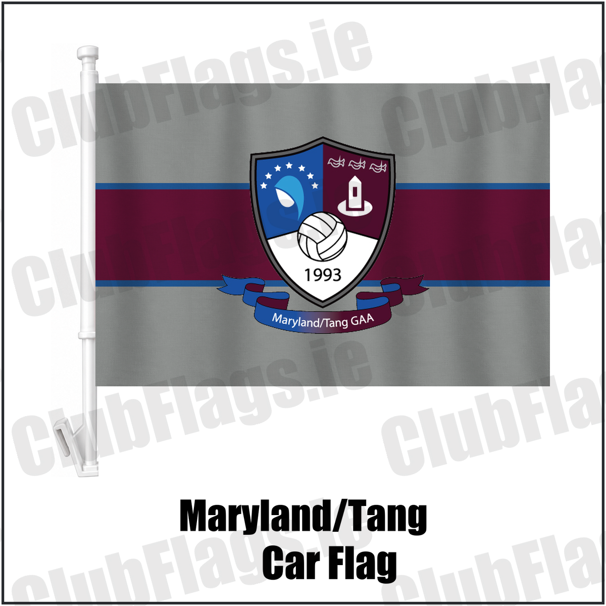 Maryland/Tang Car Flag, featuring the club crest and grey and maroon and blue colours; County Westmeath GAA. ClubFlags.ie.