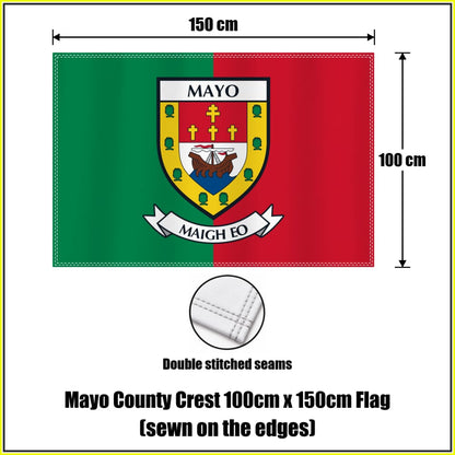 Mayo county crest 100 × 150 cm sewn-edge flag in green and red, with dimension arrows and a double-stitch seam close-up.
