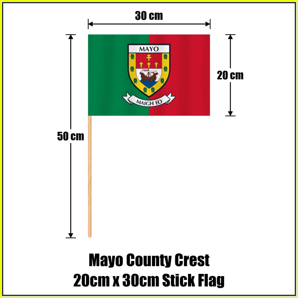 Mayo county crest 20 × 30 cm stick flag in green and red, with a 50 cm wooden stick and dimension arrows.