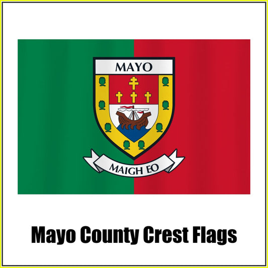 Mayo county crest flag in green and red, with county name and crest.